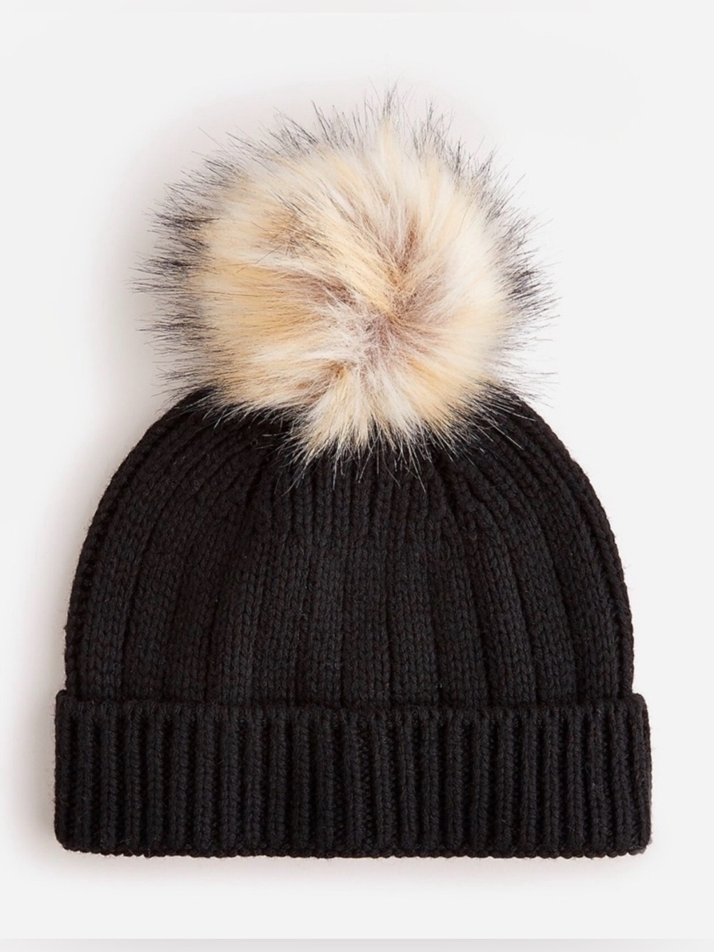 J Crew Black Ribbed Knit Hat with Faux Fur Pom